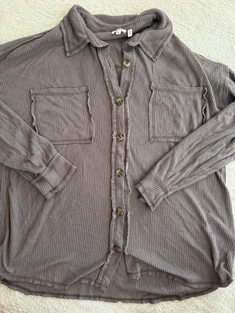 BKE Ribbed Long Sleeve Button-Up Shirt Jacket in Taupe oversized